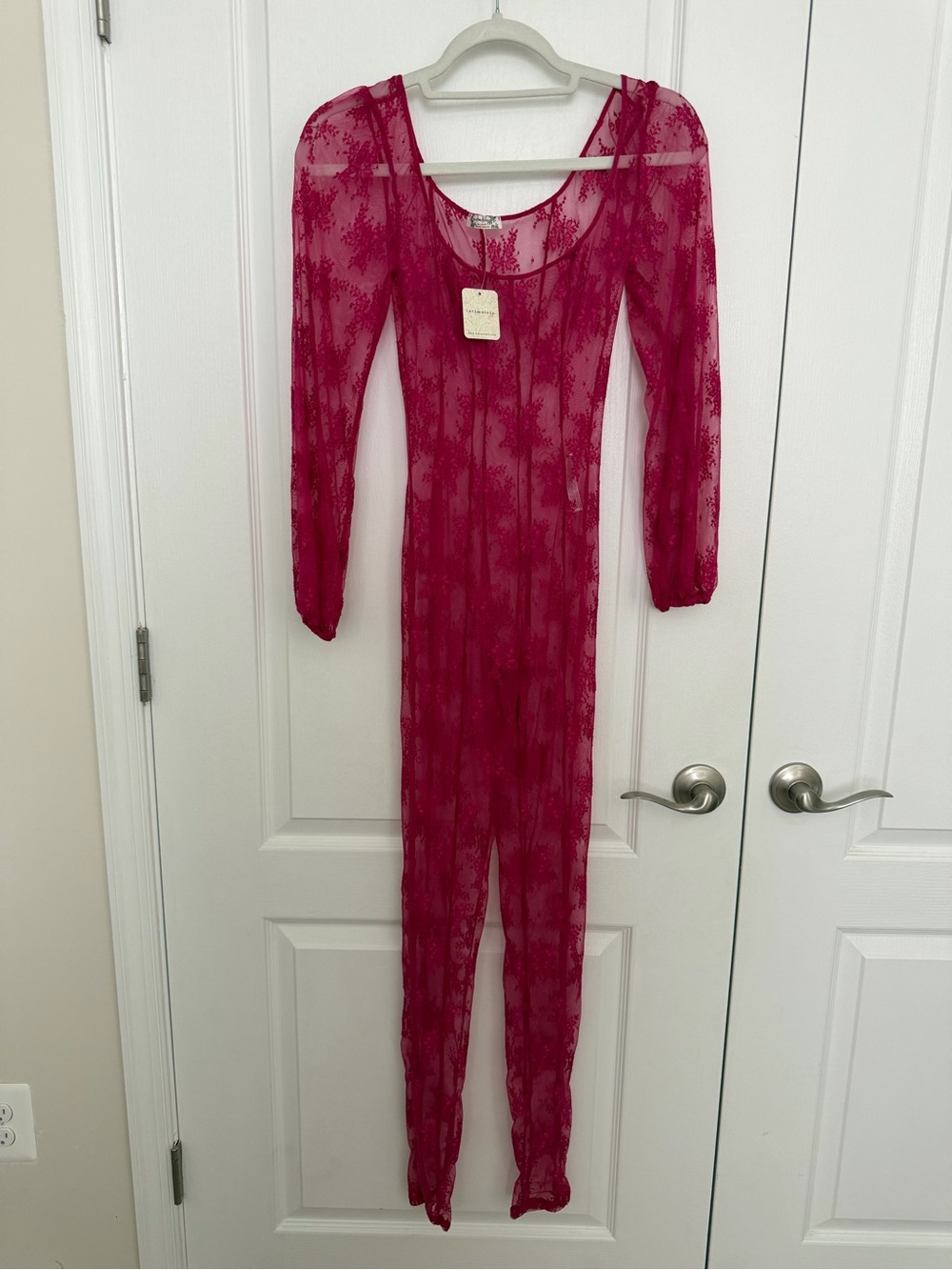 NWT Free People Intimately Sheer Long-Sleeve Lace Fuchsia Catsuit size XS